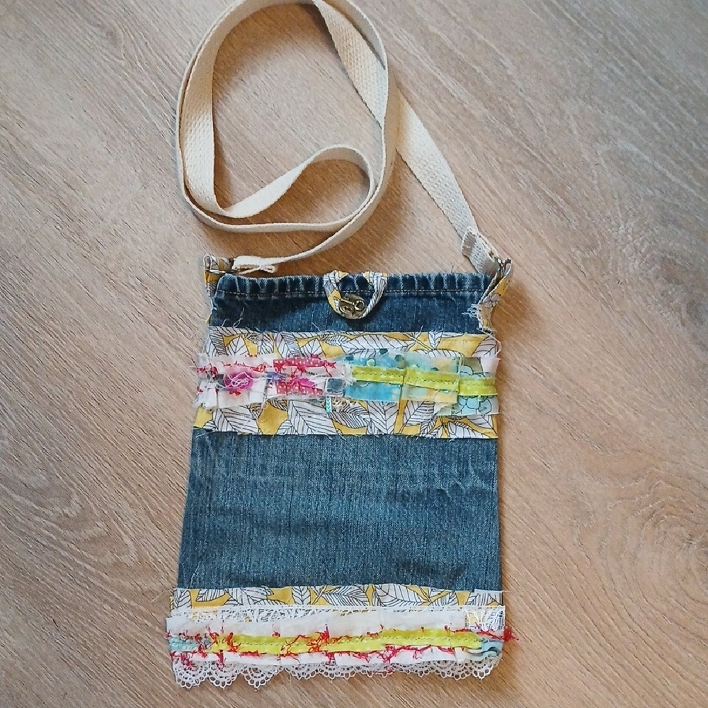 Upcycled Denim Crossbody Bag Handmade with Floral Trim Jeans Patchwork Trim